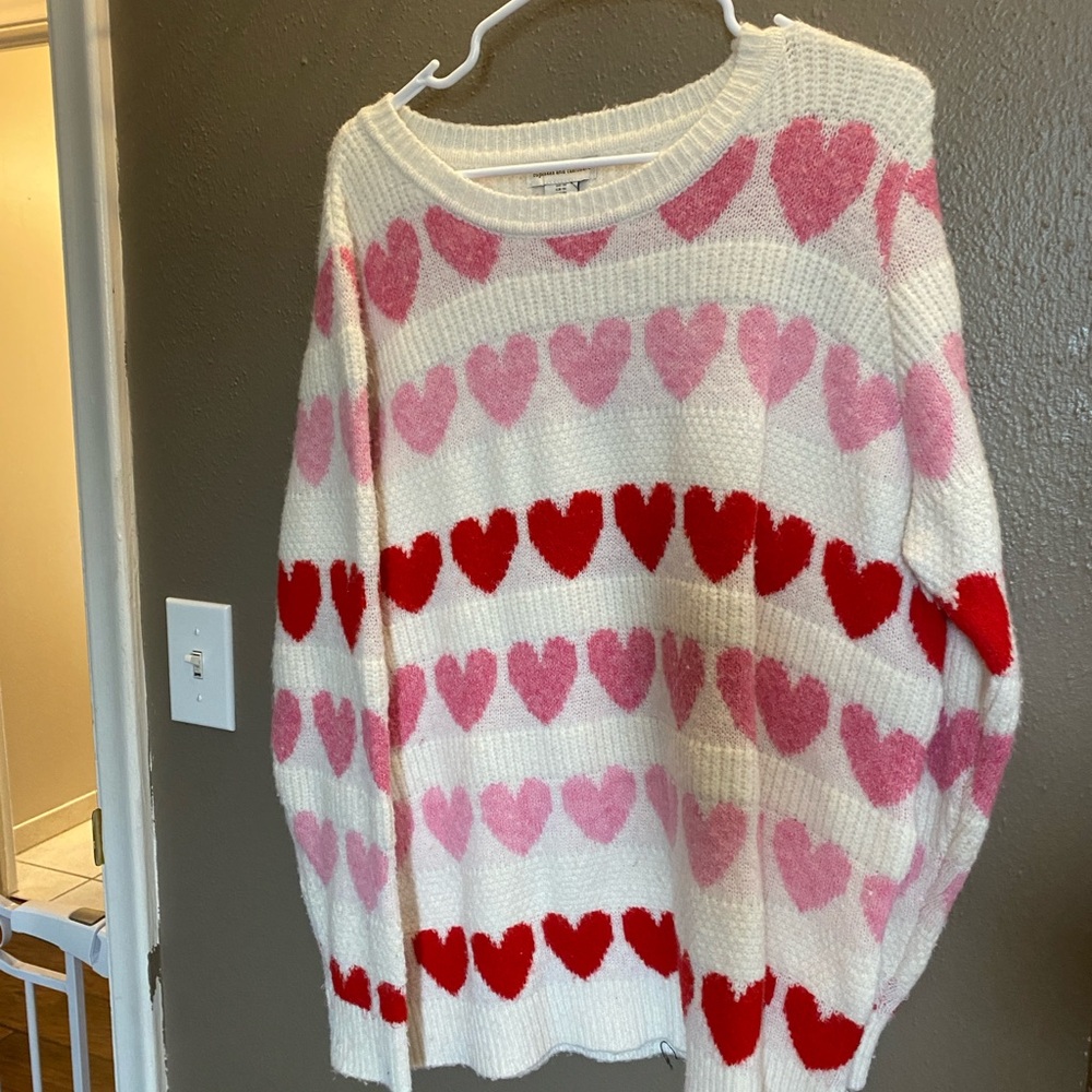 cupcakes & cashmere Cream Crewneck Sweater with Pink and Red Hearts